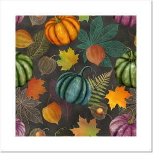 Colorful autumn watercolor seamless botanical pattern, Pumpkins, maple leaves, Physalis composition. Thanksgiving vibrant textural background Posters and Art